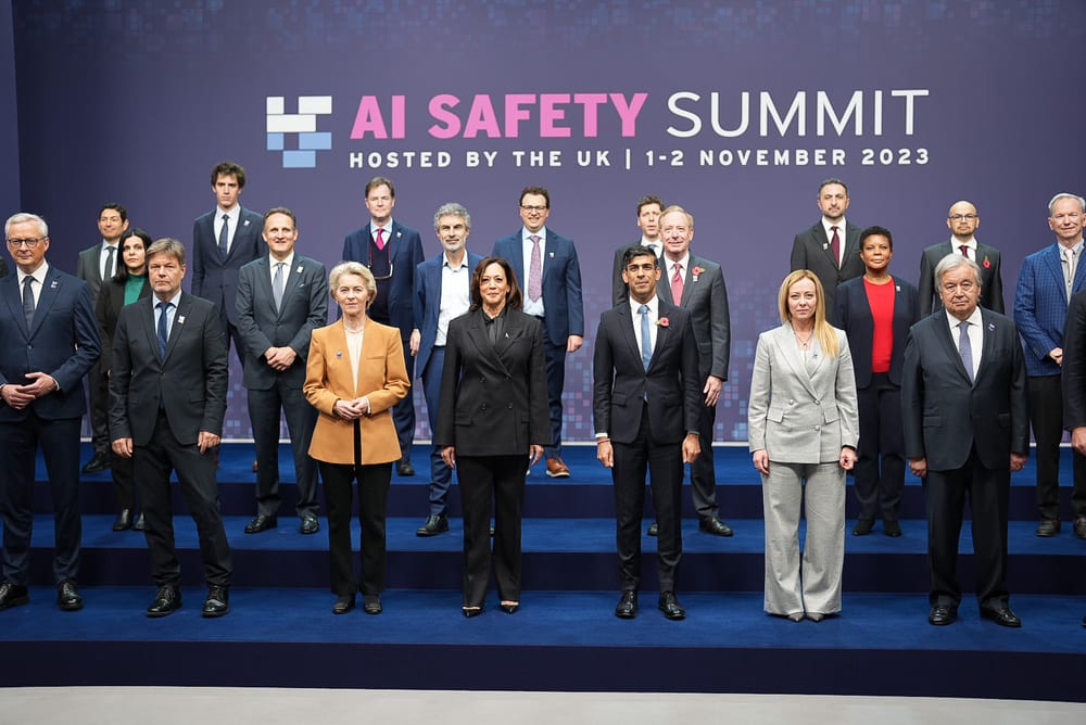 Delegates pose for a group photograph at the AI Safety Summit at Bletchley Park on 2 November 2023.