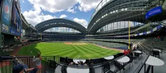 Pregame panorama of American Family Field in Milwaukee, with green playing field and open roof, photographed on 13 May 2021.