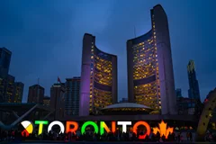 Toronto City Hall and Nathan Phillips Square at dusk in an archive photograph taken on 27 December 2019.