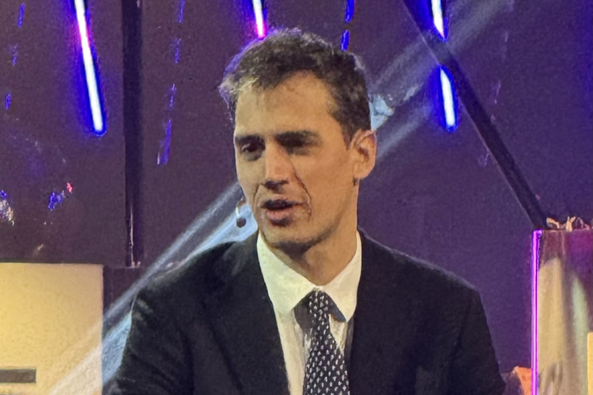 Arthur Mensch speaking into a headset microphone at Techarena in February 2026, in an archive photograph.