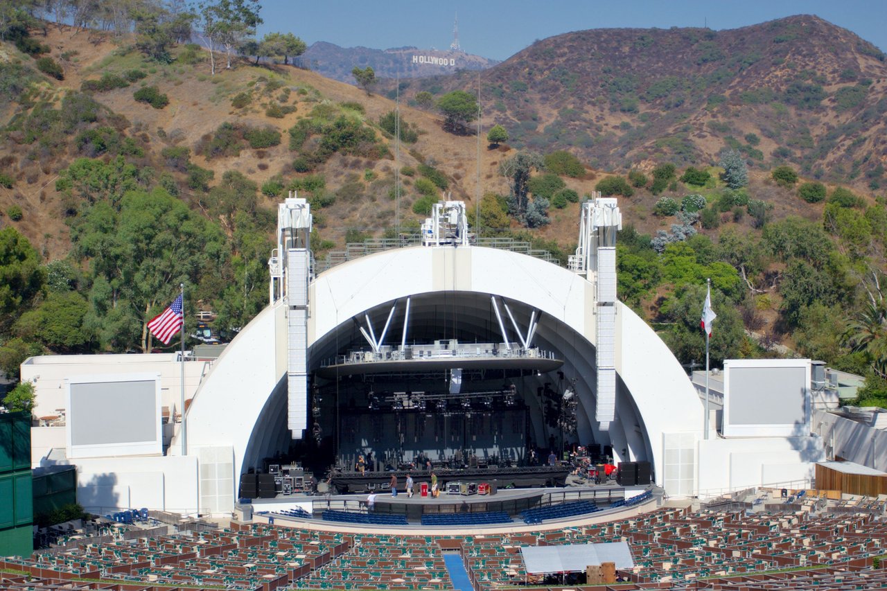 Hollywood Bowl amphitheatre and stage, with the Hollywood sign on the hillside behind, photographed on 1 October 2005.