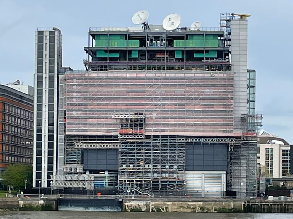 The Telehouse data-centre building beside the water in London, photographed in April 2024.