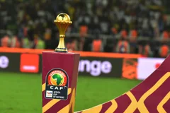 The Africa Cup of Nations trophy on its Cameroon 2021 pedestal, photographed at the final on 6 February 2022.