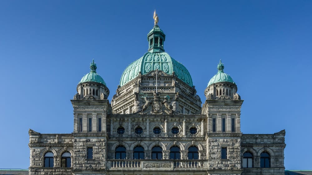 The dome and upper facade of British Columbia’s Parliament Buildings in Victoria, photographed in May 2018.
